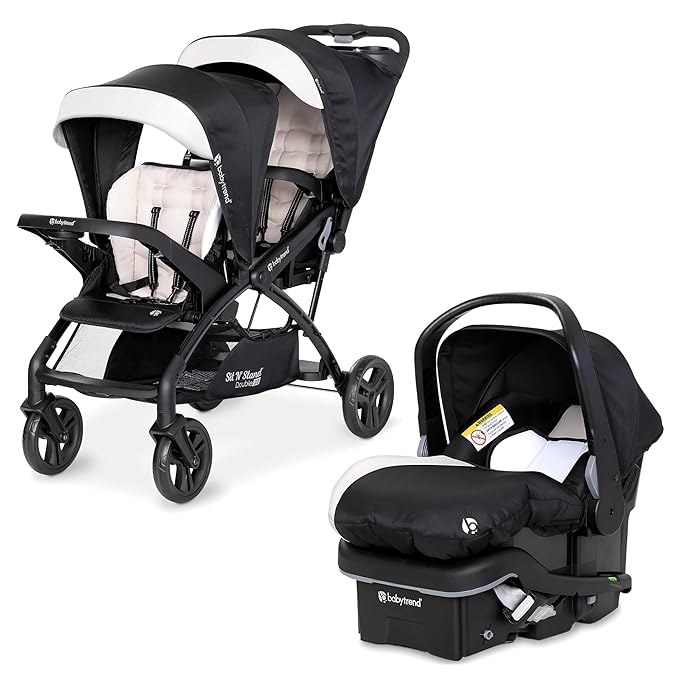 Baby Trend Sit N' Stand Tandem Double Stroller 2.0 DLX and EZ-Lift Plus Car Seat Set with 5 Point Safety Harnesses and Cozy Cover, Modern Khaki