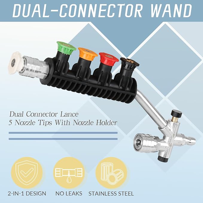 Dual Connector Pressure Washer Wand for Foam Cannon, Dual-Connector Lance Accessory with 5 Pressure Washer Spray Nozzles, 4000 PSI
