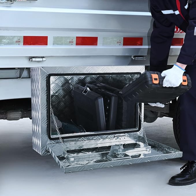 VEVOR Underbody Truck Box, 24"×17"×18" Pickup Storage Box, Heavy Duty Aluminum Diamond Plate Tool Box with Lock and Keys, Waterproof Trailer Storage Box with T-Handle Latch for Truck, Van, Trailer