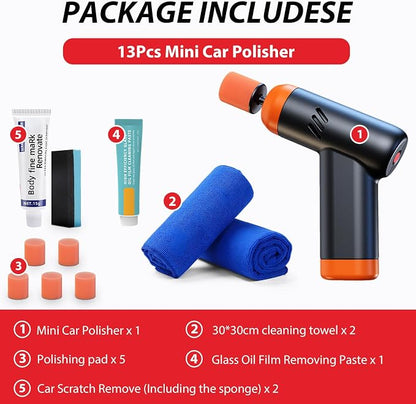 Mini Cordless Polisher for Car Detailing, 13pcs Polisher Car Care Kit with 5 Polishing Pads & Scratch Grinding Agent, Cleaning Paste, Handheld Body Repair Machine for Auto Scratch Repair Waxing