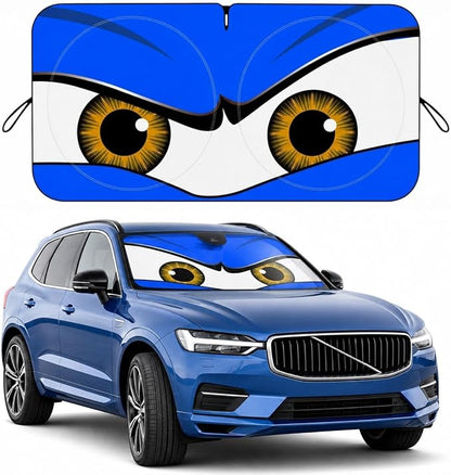 Car Windshield Sun Shade, Blue Monster Style Sun Visor for Windshield, Windshield Cover Universal Fits Mid-Large Sendan SUV Crossover Family Vehicle, UV Heat Protection - 63 x 31.5