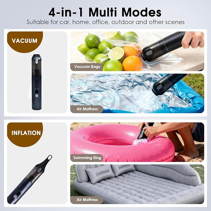 Cordless Car Vacuum Cleaner, 4-in-1 Mini Handheld Vacuum with Blower/Inflator/Deflator, 14kPa Suction, 2 Modes, Type-C Rechargeable for Car, Desk, Keyboard