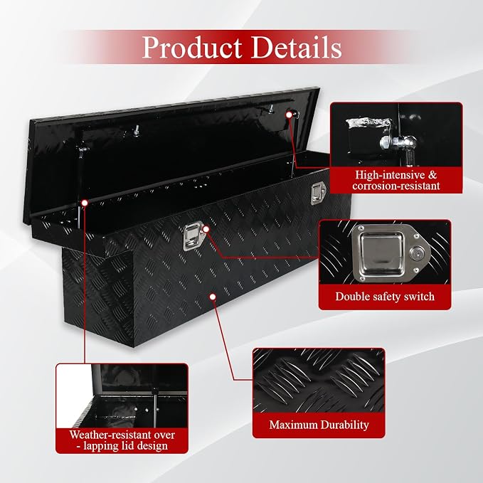60''Inch Aluminum Truck Tool Box Trailer Chest Box Underbody Storage Organizer Waterproof Square Storage Organizer w/Lock & Keys Black(‎60" Lx12 Wx14 H) Only For Standard cab Or Regular CAB