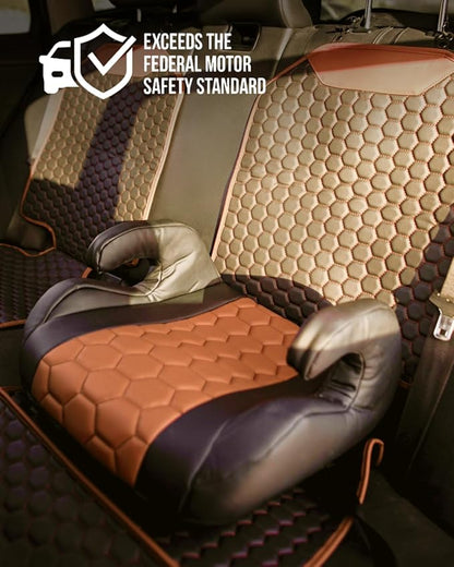 Owleys Backless Booster Car Seat with Latch Connectors, Kids Booster Seat for Car 40-100 lbs, Waterproof Eco Leather Cushion & Anti-Slip Base, Portable Travel Design for Ages 4-12, Black-Brown