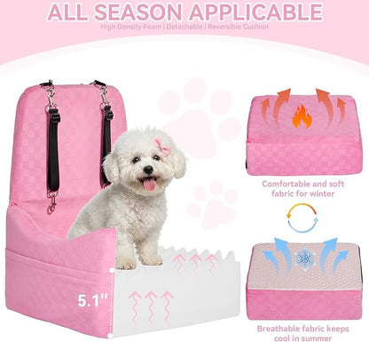 PETSFIT Dog Car Seat for Small/Medium Dogs Up to 35 lbs – Patented Safety System, 5" Memory Foam Pet Booster Car Seat, Fully Detachable and Washable Dog Carseat with 2 Storage Pockets (Pink)