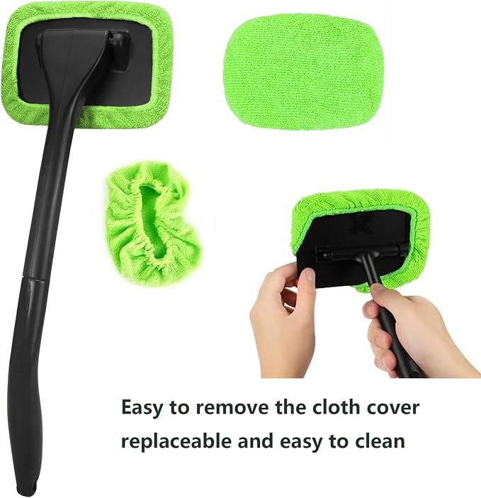 desin Car Windshield Cleaning Tool, Windshield Cleaner with 5 Washable and Reusable Microfiber Pads and Extendable Handle, for Auto Glass Wiper (Green)