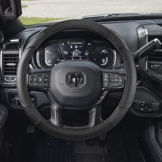 Steering Wheel Cover for Dodge RAM 1500, 2500, 3500 - Premium Microfiber Leather Auto Car Accessory with Non-Slip Grip, Rugged Durability & Interior Upgrade, 15.5-16 inch (Black-Large Size)