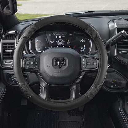 Steering Wheel Cover for Dodge RAM 1500, 2500, 3500 - Premium Microfiber Leather Auto Car Accessory with Non-Slip Grip, Rugged Durability & Interior Upgrade, 15.5-16 inch (Black-Large Size)