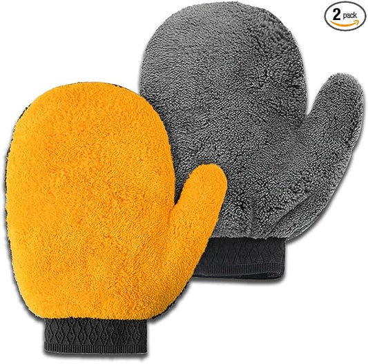 2PCS Car Wash Mitt, Coral Fleece Microfiber Dusting Mitt with Thumb, No Scratch No Lint Cleaning Glove with Elastic Wrist Cuff, Reusable Car Washing and Detailing Supplies (Thumb)