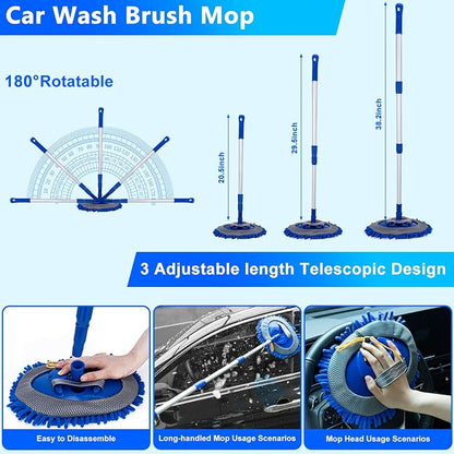 THINKWORK Car Wash Kit, Car Detailing Kit with Foam Gun, Car Wash Brush Mop and Large Folding Bucket Suitable for Car Cleaning, Blue Car Wash Set Gift for Men and Women
