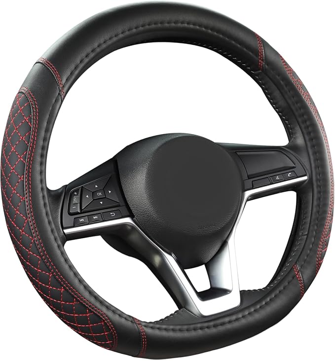 West Llama Flat Bottom Car Steering Wheel Cover for Nissan,D Shaped Steering Wheel Cover for Rogue,Altima,Kicks (Diamond Quilted-Black+Red-Standard Size)