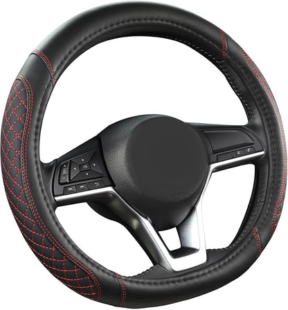 West Llama Flat Bottom Car Steering Wheel Cover for Nissan,D Shaped Steering Wheel Cover for Rogue,Altima,Kicks (Diamond Quilted-Black+Red-Standard Size)