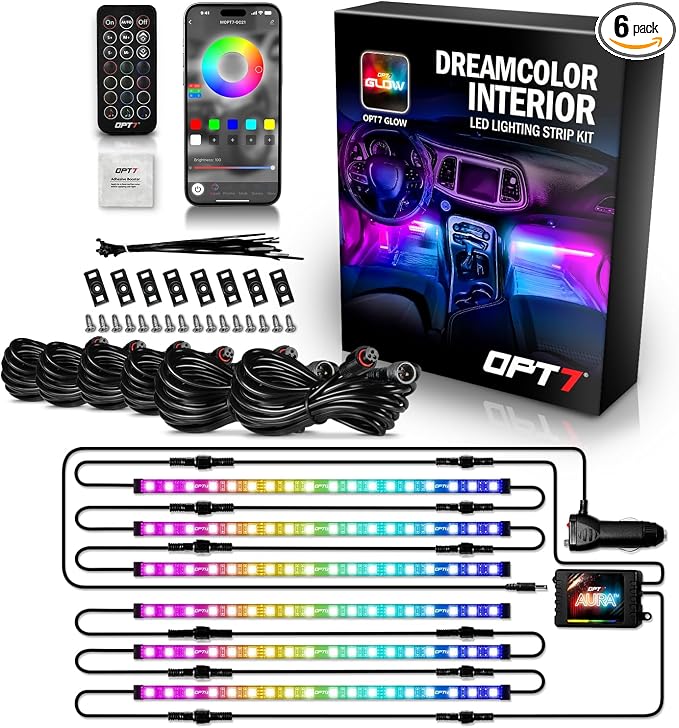 OPT7 Aura DreamColor RGB-IC Car Interior Ambient Light, 6PC Single Row LED Strips, Color Chasing Light Kit w/APP & Remote Control, Universal for Vehicles SUV Truck Pickup Van