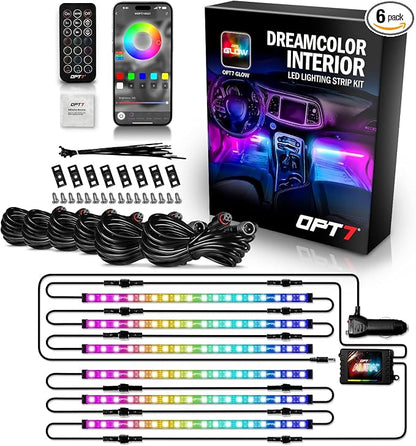 OPT7 Aura DreamColor RGB-IC Car Interior Ambient Light, 6PC Single Row LED Strips, Color Chasing Light Kit w/APP & Remote Control, Universal for Vehicles SUV Truck Pickup Van
