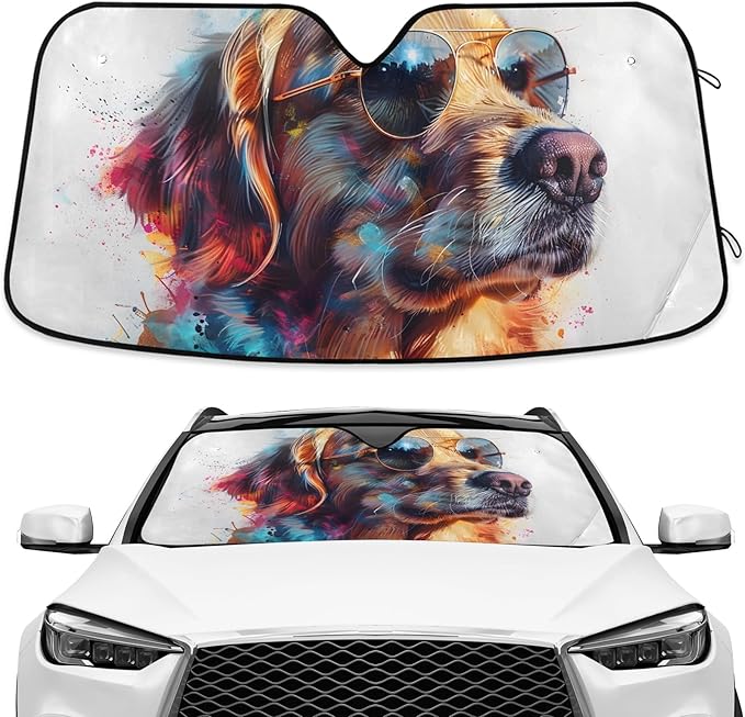 Funny Golden Retriever Dog Windshield Sunshade Car Sun Shade Blocks UV Rays Visor Protector Accordion Folding Sun Reflector Auto Sunshade for Truck SUV