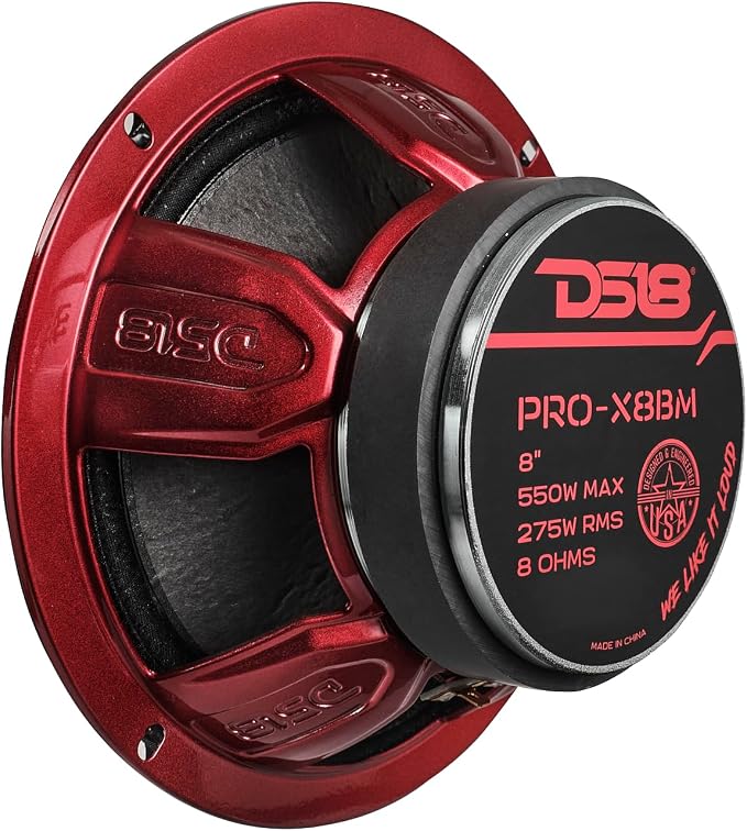 DS18 PRO-X8BM Loudspeaker - 8", Midrange, Red Aluminum Bullet, 550W Max, 275W RMS, 8 Ohms - Premium Quality Audio Door Speakers for Car or Truck Stereo Sound System (1 Speaker)