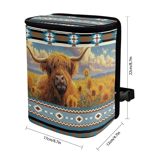 Talayituse Aztec Highland Cattle American Tribal Print Car Trash Can, Auto Garbage Bin with Adjustable Straps, Foldable Car Trash Bin Hanging Storage Organizer Bag Container for Camping Picnic