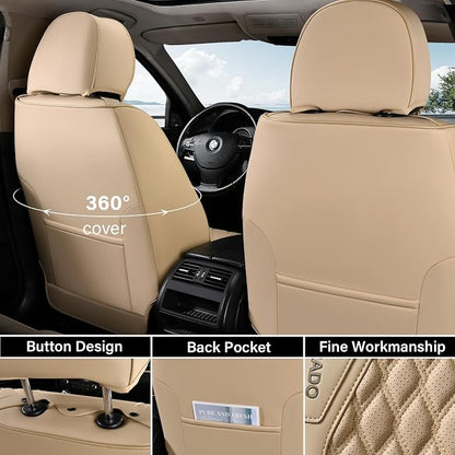 Coverado Car Seat Covers Full Set, Waterproof Nappa Leather Seat Covers for Cars, Front and Back Car Seat Protector, Luxury Car Seat Covers, 5 Seats Universal Beige Car Seat Cover Fit for Most Cars