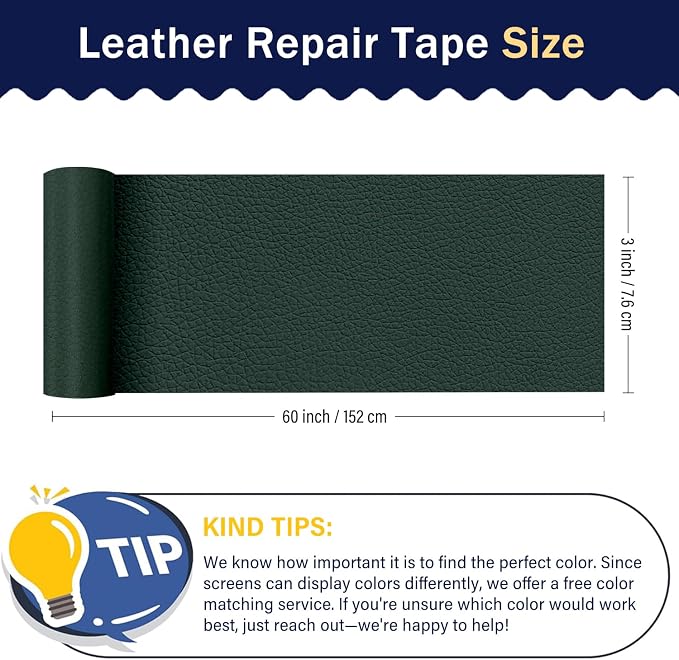 Zenyao Leather Repair Patch Tape - Self Adhesive Leather Repair Kit for Car Seat Furniture, Heavy Duty Vinyl Repair Patch for Couch Sofa, Waterproof Fix for Tears, 3x60 Inch Roll, Dark Green