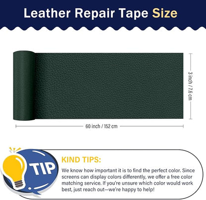 Zenyao Leather Repair Patch Tape - Self Adhesive Leather Repair Kit for Car Seat Furniture, Heavy Duty Vinyl Repair Patch for Couch Sofa, Waterproof Fix for Tears, 3x60 Inch Roll, Dark Green