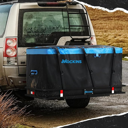 Mockins 25 Cu Ft Large Weatherproof Trailer Hitch Cargo Carrier Bag Set | 60"x24"x31" Waterproof Cargo Bag for Hitch Carrier & Truck Bed | Vinyl Vehicle Soft-Shell Carriers w/ Straps, Lock & Case