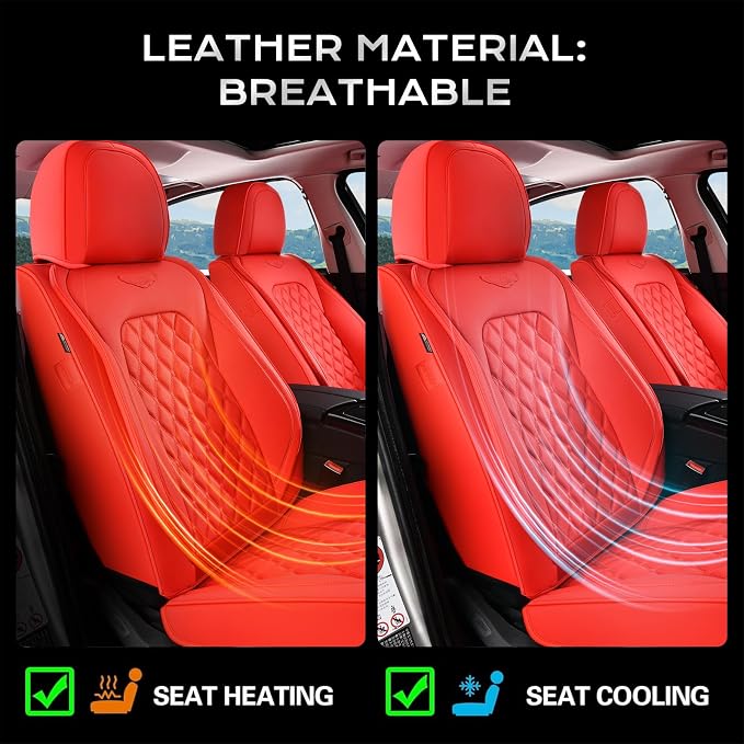 Coverado Full Set Car Seat Covers, 5-Seat Universal Faux Leather Waterproof Seat Covers, Front & Back Car Seat Protectors, Red Leather Seat Covers Fit for Most Vehicles-Red