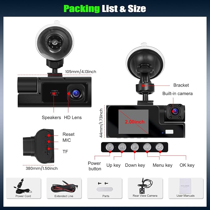3 Channel Dash Cam Front and Rear Inside, 2.0'' 1080P Dash Camera for Cars, Dash cam Three Way Triple Car Camera with Super Night Vision,Wide Angle,Loop Recording, G-Sensor, 24 Hours Recording