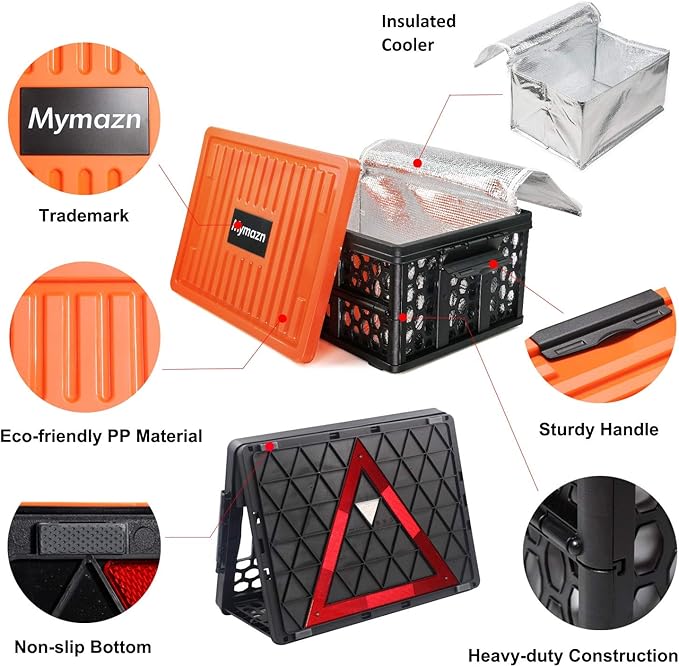 Mymazn Trunk Crate Organizer with Cooler for Car | Collapsible, Plastic Trunk Lid Organizer Box, For Travel, Groceries, Sports, Home, Tailgating, Removable Insulated Cooler Set