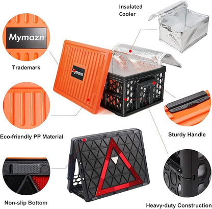 Mymazn Trunk Crate Organizer with Cooler for Car | Collapsible, Plastic Trunk Lid Organizer Box, For Travel, Groceries, Sports, Home, Tailgating, Removable Insulated Cooler Set