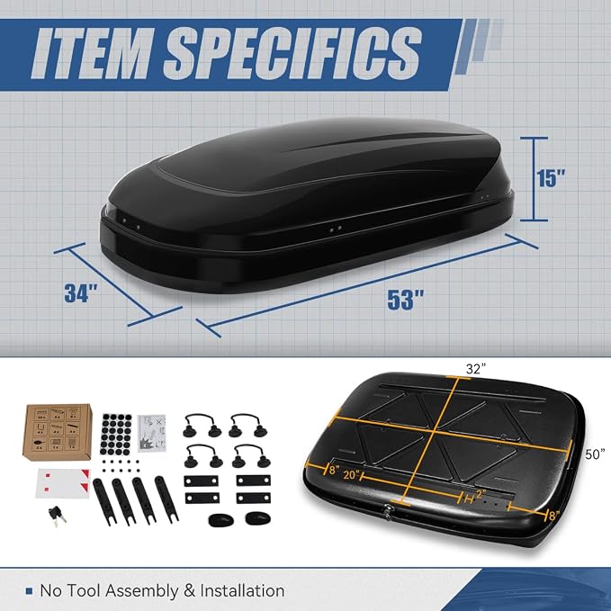 Auto Dynasty Hard Shell Roof Top Mount Car Storage Travel Luggage Box Cargo Carrier, 53 (L) x 34 (W) x 15 (H) Inches, Capacity 110 Pounds, 11 Cubic Feet (Tool-Free Install), Glossy Black Finish