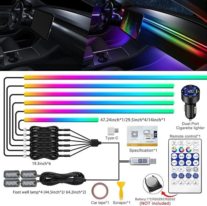 Dreamcolor Acrylic Interior Car LED Strip Light with USB/Type C/4-Port Cigarette Lighter, RGB 10 in 1 with 179.2 inches 650 LEDs Ambient Lighting Kits, Sound Active Function Neon Led Strips for Car