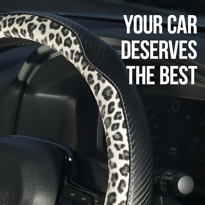KAFEEK Leopard Print Steering Wheel Cover for Women, Classy Carbon Fiber and Soft Microfiber Leather, 15 Inch Universal Car Wheel Protector, Aesthetic Off-White Cheetah Print, Anti-Slip & Breathable