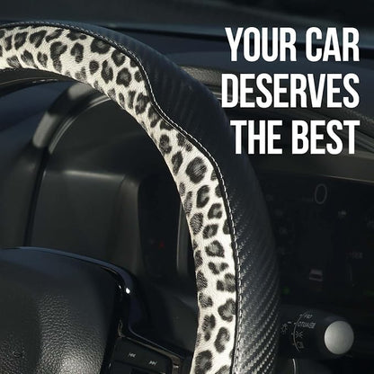 KAFEEK Leopard Print Steering Wheel Cover for Women, Classy Carbon Fiber and Soft Microfiber Leather, 15 Inch Universal Car Wheel Protector, Aesthetic Off-White Cheetah Print, Anti-Slip & Breathable