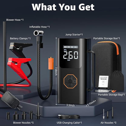 Lehwey Portable Jump Starter with Air Compressor - 12V Car Battery Jumper Starter Box 5500A (All Gas/12L Diesel) 9-in-1 with Air Blower, 150PSI Tire Inflator, 3-Mode Emergency Flashlight, LCD Display