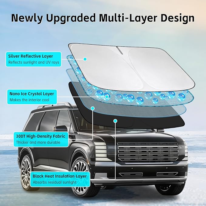 Windshield Sun Shade for Hyundai Palisade 2020-2026 Sunshade 300T Windshield Cover Protector Blocks UV Rays Custom Fit Palisade Front Window Shades Windshield Accessories Keep Cool Foldable