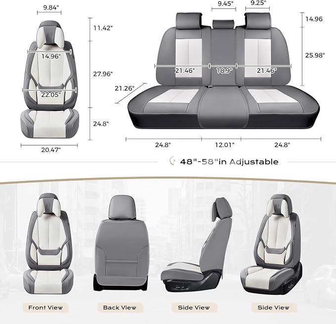 Coverado Seat Covers Full Set, 5 Seats Seat Covers for Cars, Waterproof Nappa Leather Car Seat Covers with Head Pillow, Seat Protectors Car Seat Cushion Universal Fit for Most Cars (Gray&White)