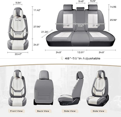 Coverado Seat Covers Full Set, 5 Seats Seat Covers for Cars, Waterproof Nappa Leather Car Seat Covers with Head Pillow, Seat Protectors Car Seat Cushion Universal Fit for Most Cars (Gray&White)