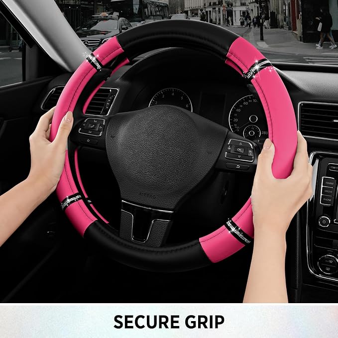 Road Comfort Leather Steering Wheel Cover – Premium Anti-Slip Car Steering Wheel Grip Cover – Universal Fit for 14.5”–15” Cars, Trucks & SUVs - Hotpink