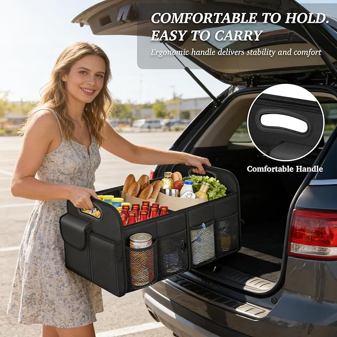 Trunk Organizer, Collapsible Waterproof car Trunk Organizer for SUVs & Sedans, Car Storage Organizers with Reinforced Handles, Car Accessories for Women and Men, 2 Compartments, 52L, Black