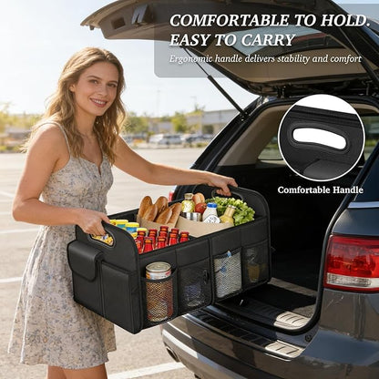 Trunk Organizer, Collapsible Waterproof car Trunk Organizer for SUVs & Sedans, Car Storage Organizers with Reinforced Handles, Car Accessories for Women and Men, 2 Compartments, 52L, Black