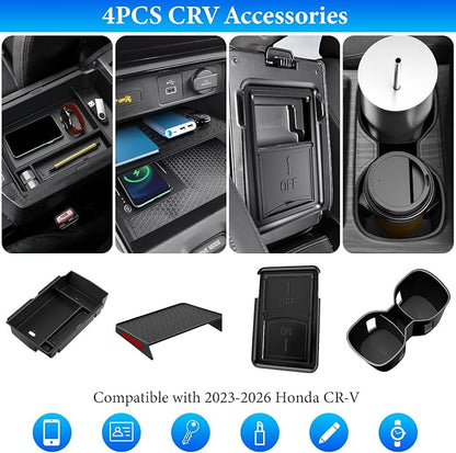 YPHUIKI 4PCS Center Console Organizer Compatible with Honda CRV 2023 2024 2025 2026 Accessories CR-V Hybrid Armrest Organizer Tray Hidden Storage Box Cup Holder