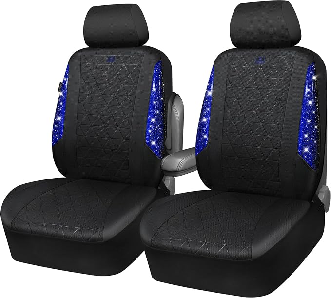 CAR PASS Oxford Bling Diamond Car Seat Covers 2 Front Interior Sets, Waterproof Shining Glitter Sparkly Crystal Universal Armrest Fit 95% Automotive Truck SUV Cute Women Girl, Black Blue Rhinestone