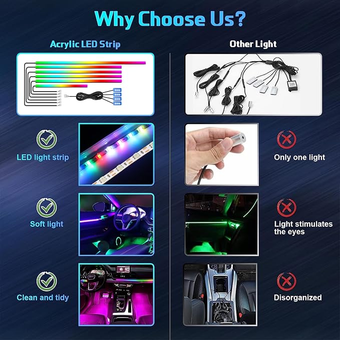 Dreamcolor Acrylic Interior Lights, 10 in 1 LED Strip Lights with APP Control and 213 Color Modes, Car Accessories Decorative Lights, Neon Ambient Lighting Kits