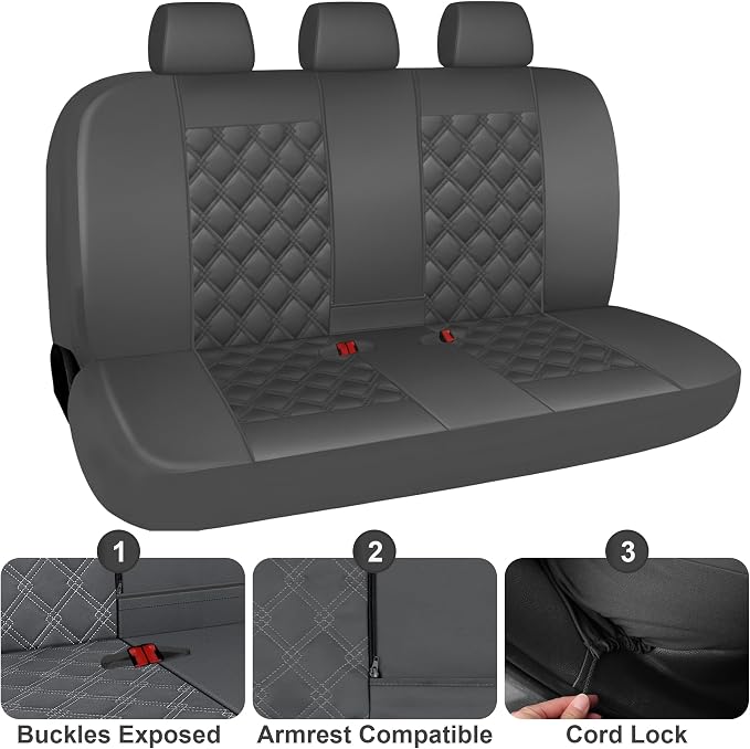 CAROMOP Luxury PU Leather Car Seat Covers Full Set-Waterproof Seat Protectors with Split Bench Seat Covers for Cars-Universal Cars Interior Covers for Sedans, SUVs, Pick-up Trucks(Gray/Gray Line)