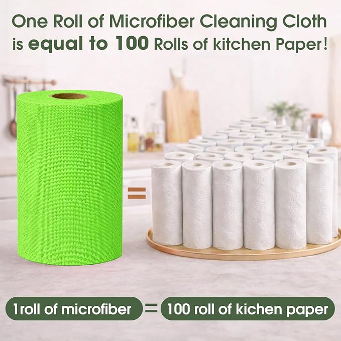 Microfiber Cleaning Cloth Roll - 100 Pack Tear Away Microfiber Paper Towels, Reusable, Washable, Scratch-Free, Kitchen Towels for Car, Home, Kitchen, Glass, Dishes (Neon Green)