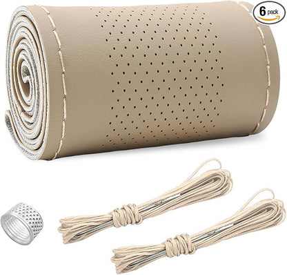 Ziciner Genuine Leather Steering Wheel Cover, Stitch on Wrap, Breathable Anti-Slip Car Steering Wheel Protector for Max Diameter 15 Inch, DIY Sewing with Needles Thread (Beige, Middle Hole)