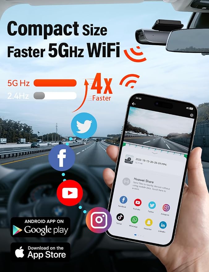 FOCUWAY 4K Front and Rear Dash Cam: Fast 5GHz WiFi & Hands-Free Voice Control, Compact Hidden Design, 24/7 Parking Mode Recording, Supercapacitor & Type-C, Free 64GB Card, Super Night Vision