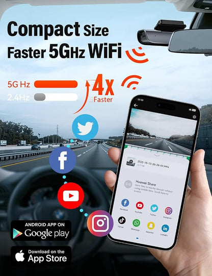 FOCUWAY 4K Front and Rear Dash Cam: Fast 5GHz WiFi & Hands-Free Voice Control, Compact Hidden Design, 24/7 Parking Mode Recording, Supercapacitor & Type-C, Free 64GB Card, Super Night Vision