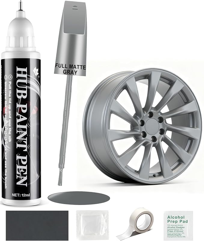 Amiss Full Matte Gray Rim Repair Kit, Wheel Paint and Rim Paint Touch Up Pen for Curb Rash, Universal Alloy Wheel Scratch Repair for Scratches and Scuffs, Car Accessories (Full Matte Gray)