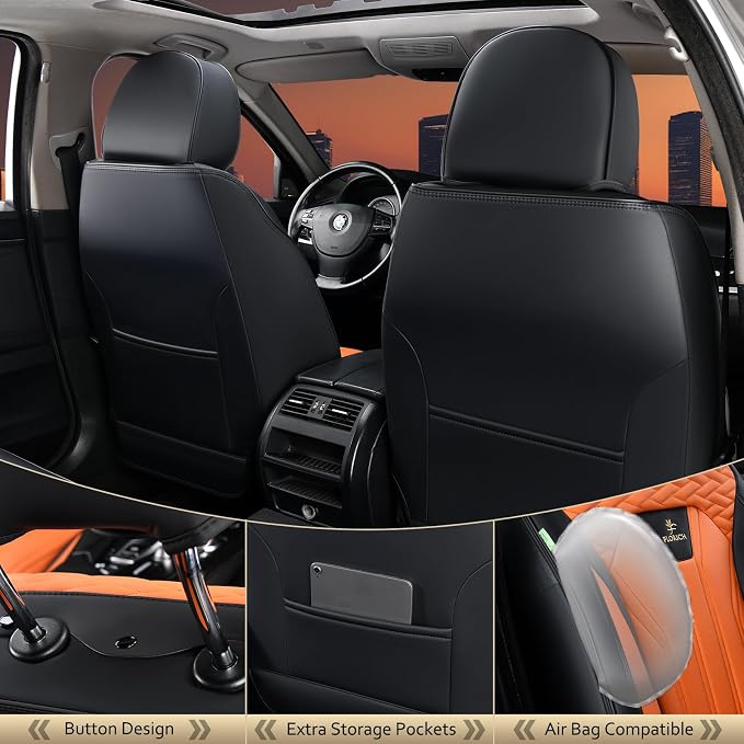 FLORICH Leather Seat Covers, Car Seat Covers Full Set, Car Seat Protectors 5 Seats, Automotive Seat Covers Driver Seat Covers Fit for Most Cars Trucks SUV-Black&Orange